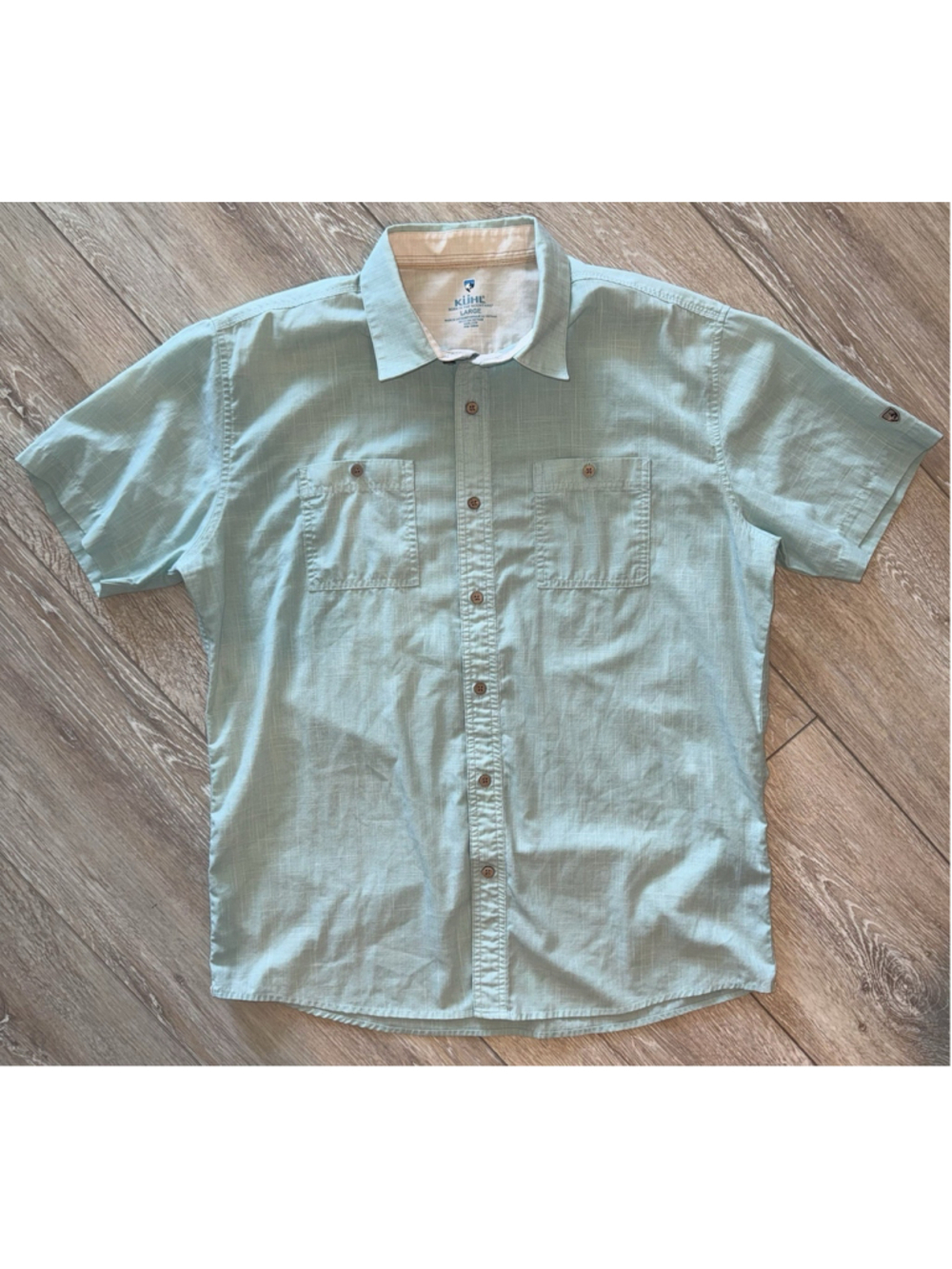 Kuhl Button Up Shirt Men's Large Outdoor Hiking Seafoam Green Camp Gorpcore